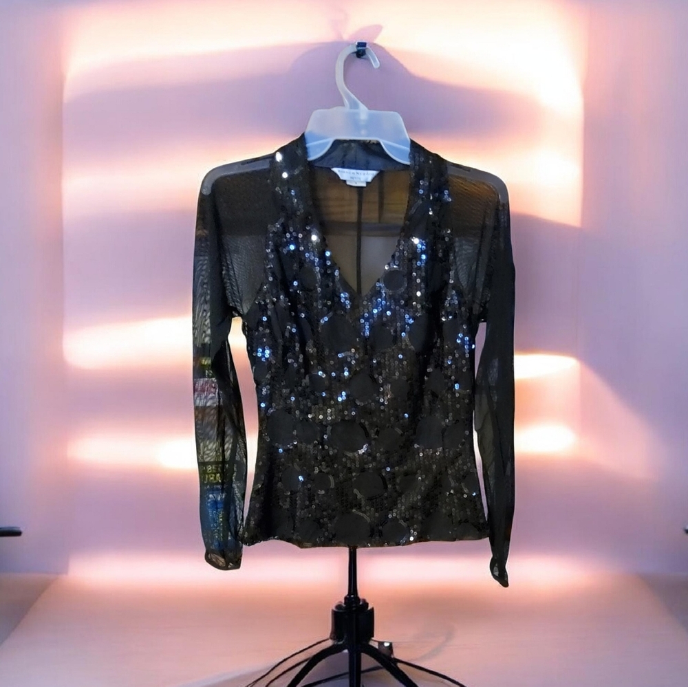 Chic Black Sequin Long Sleeve Sheer Top